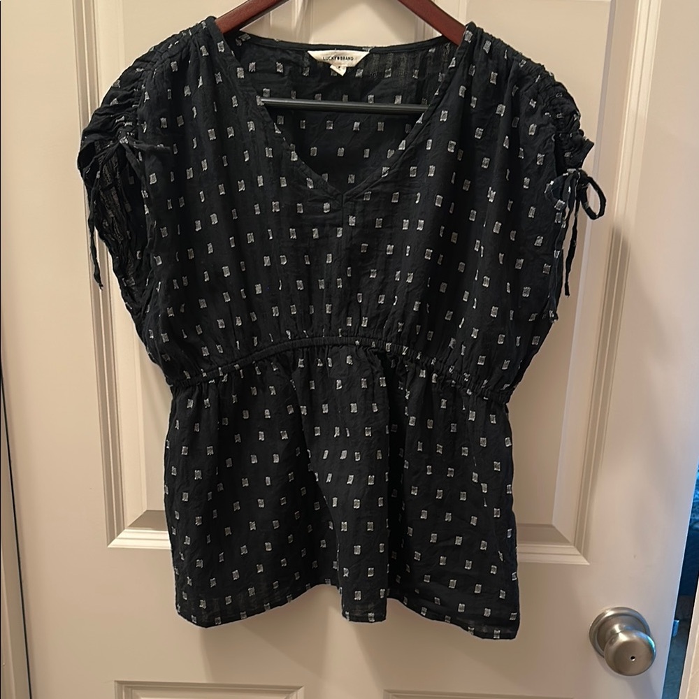 Lucky Brand Black Patterned Short-Sleeve Peplum Top